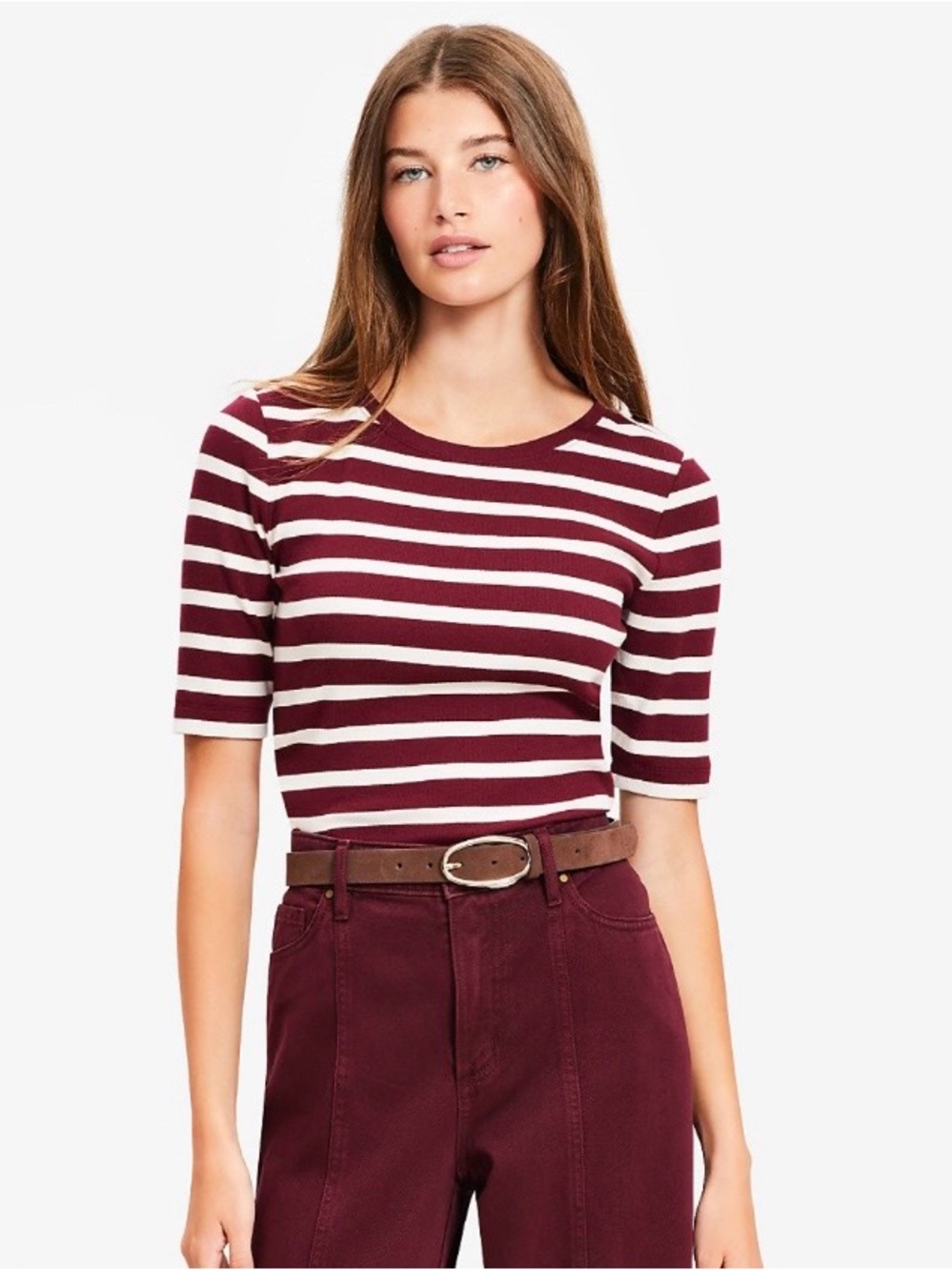 Striped Perfect Ribbed Elbow Length Maroon and Cream Boatneck Shirt